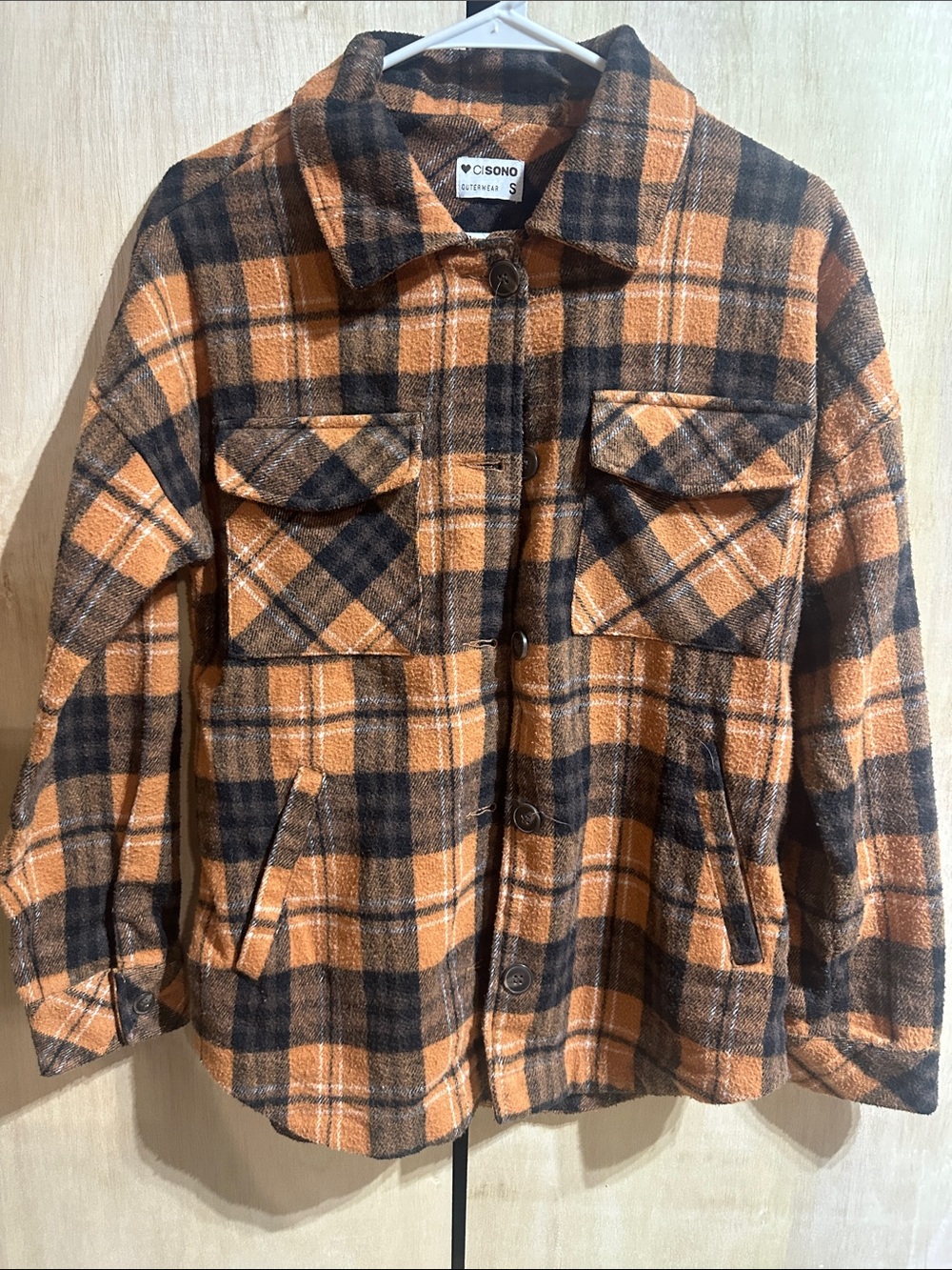 C/SONO Orange and Black Plaid Button-Up Shacket 0071